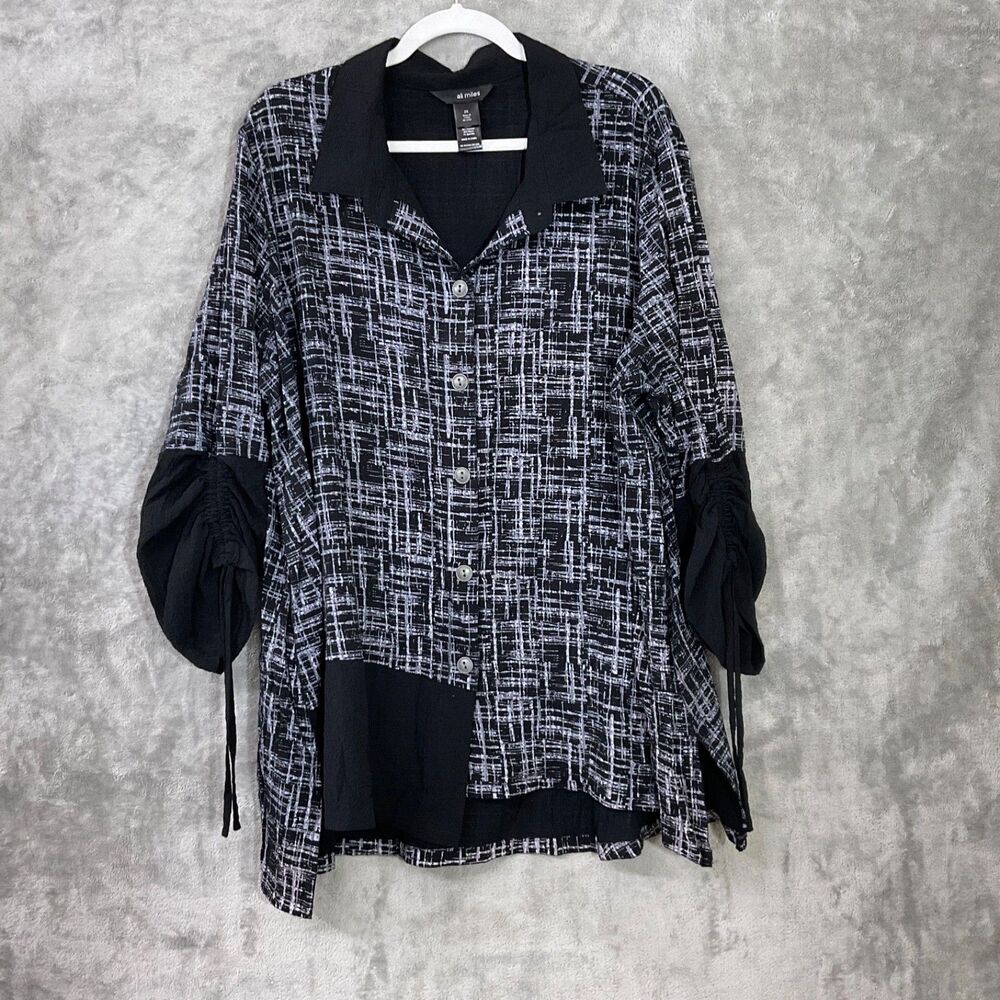 Ali Miles Women Tunic Top 2XL Button up Artsy patch asymmetrical rushed sleeves